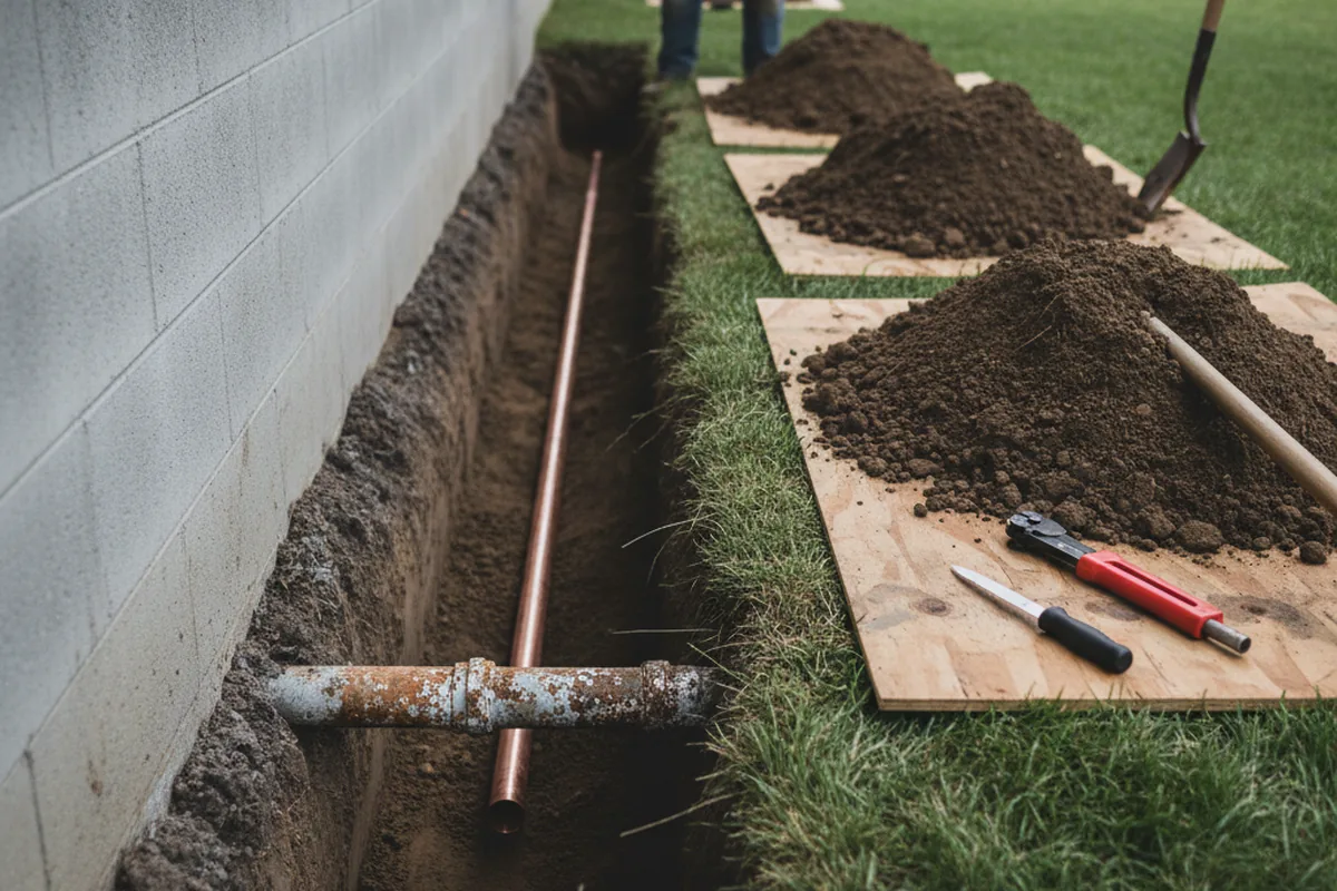 Excavated water line trench during Water Heater Repair in Tyrone